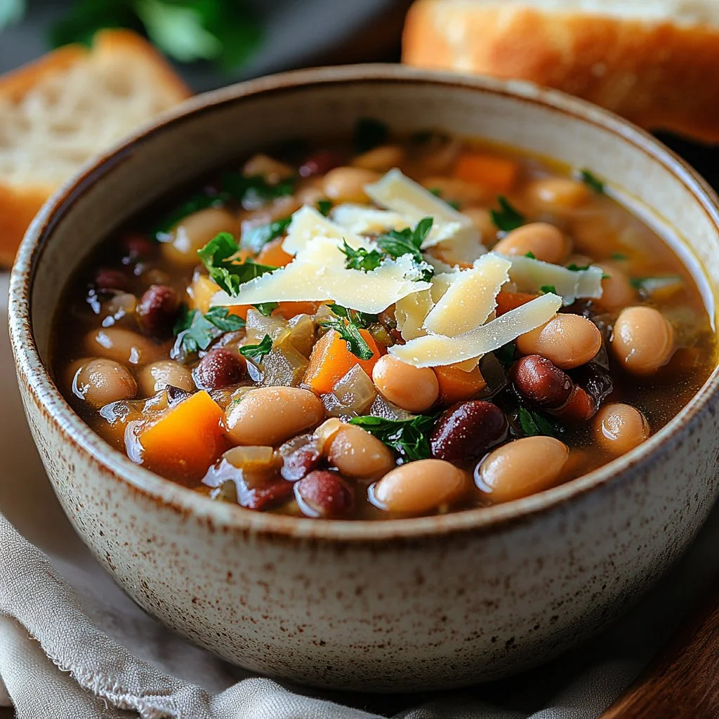 Bowl of classic hearty bean soup garnished with fresh herbs