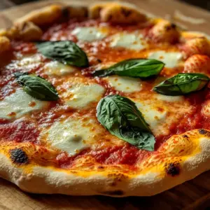 Delicious Classic Neapolitan Margherita pizza with fresh basil and mozzarella