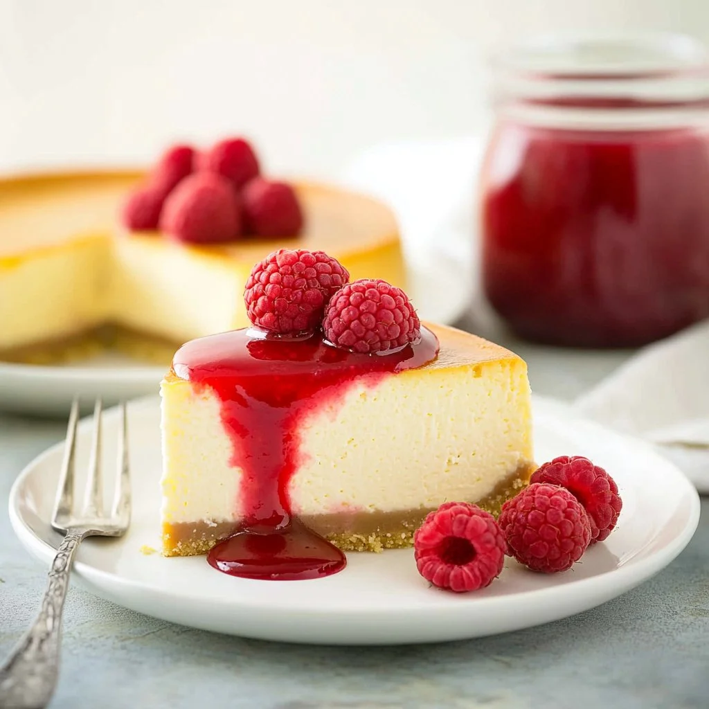 Classic New York cheesecake topped with fresh strawberries