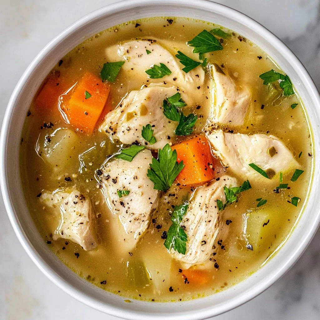 Plate of classic southern chicken dumplings garnished with herbs