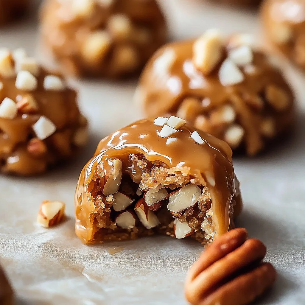 Delicious Coconut Pecan Cookies topped with praline and coconut flakes