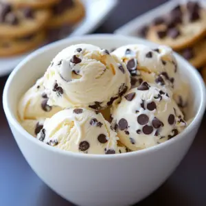 Creamy cookie dough chocolate chip ice cream in a bowl