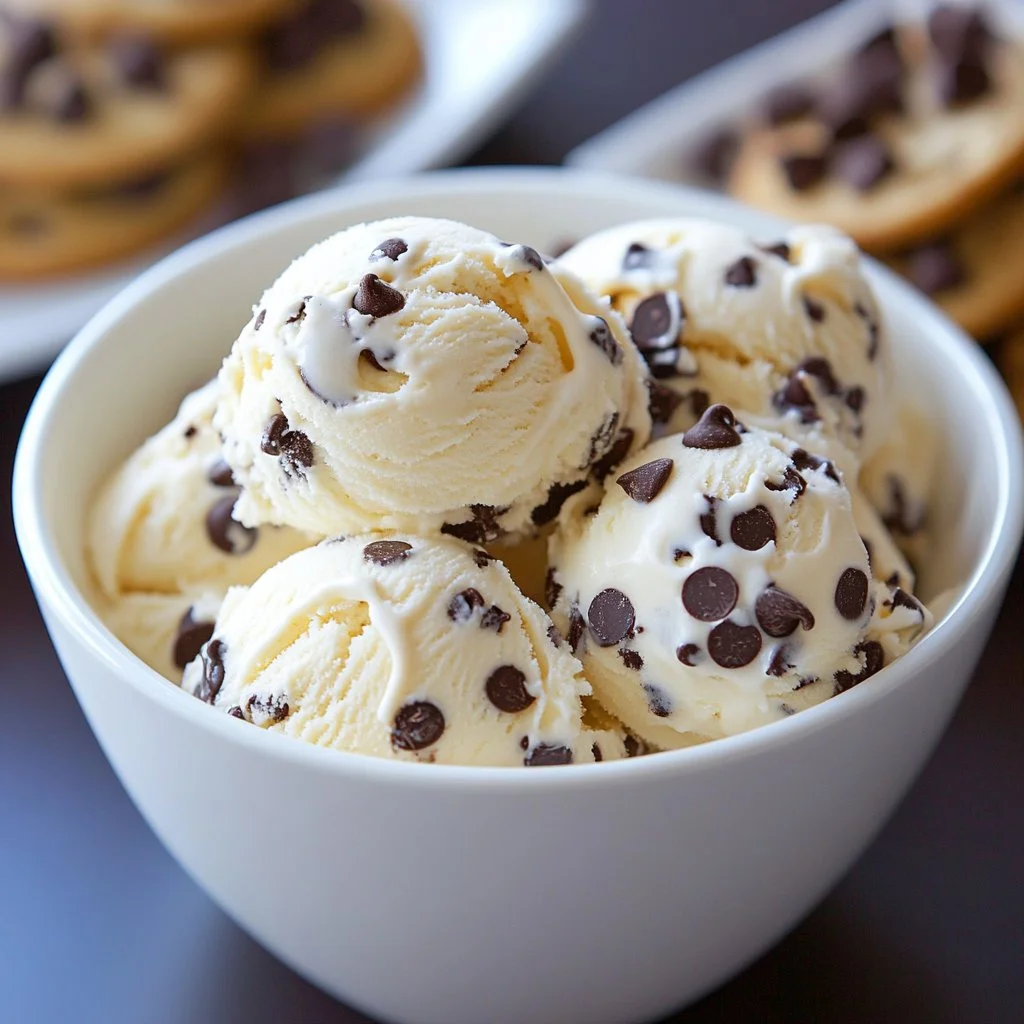 Creamy cookie dough chocolate chip ice cream in a bowl