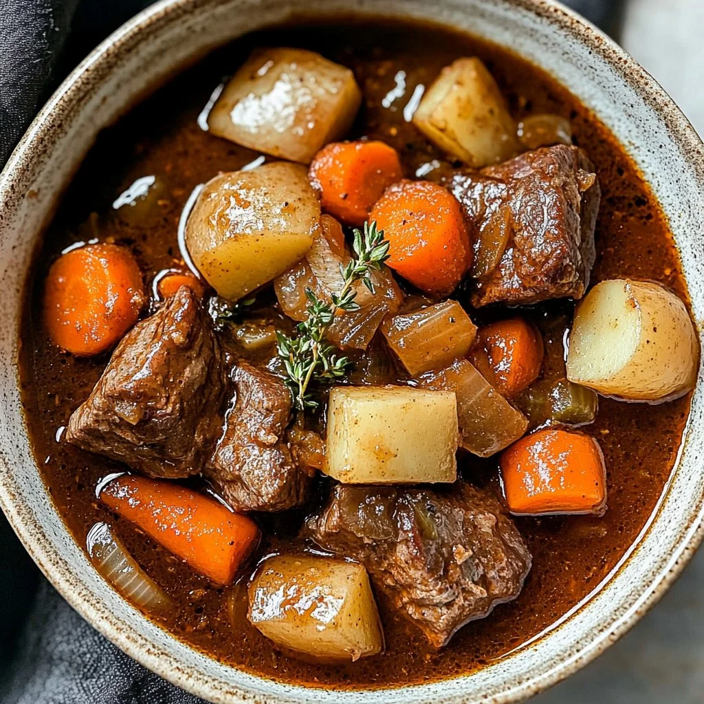 Delicious bowl of cozy hearty beef stew with vegetables and herbs