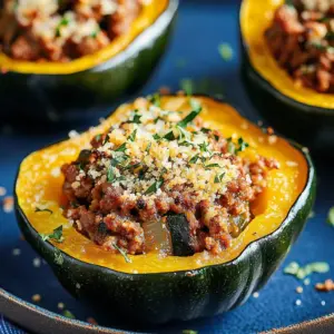 Cozy sausage stuffed acorn squash filled with a savory mixture