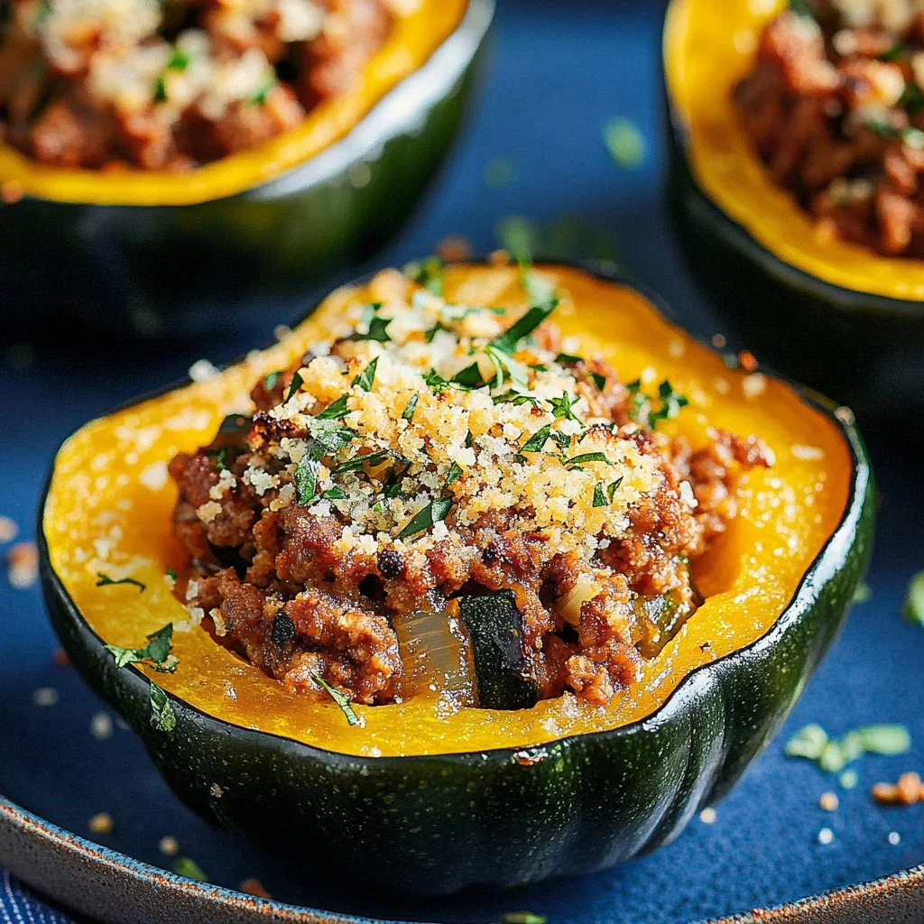 Cozy sausage stuffed acorn squash filled with a savory mixture
