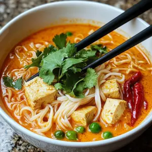 Cozy Thai red curry noodle soup with vibrant colors and fresh ingredients