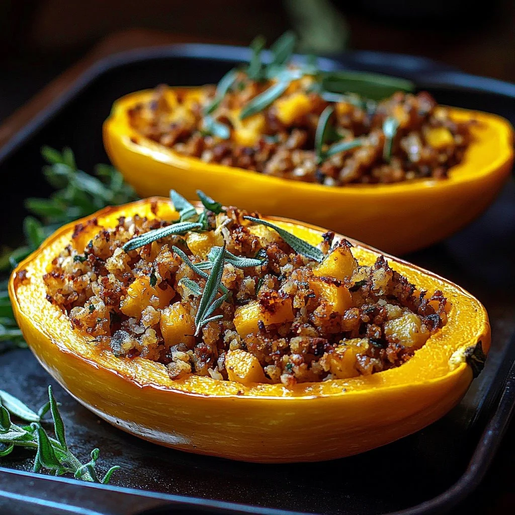 Cozy vegan stuffed butternut squash filled with grains and vegetables