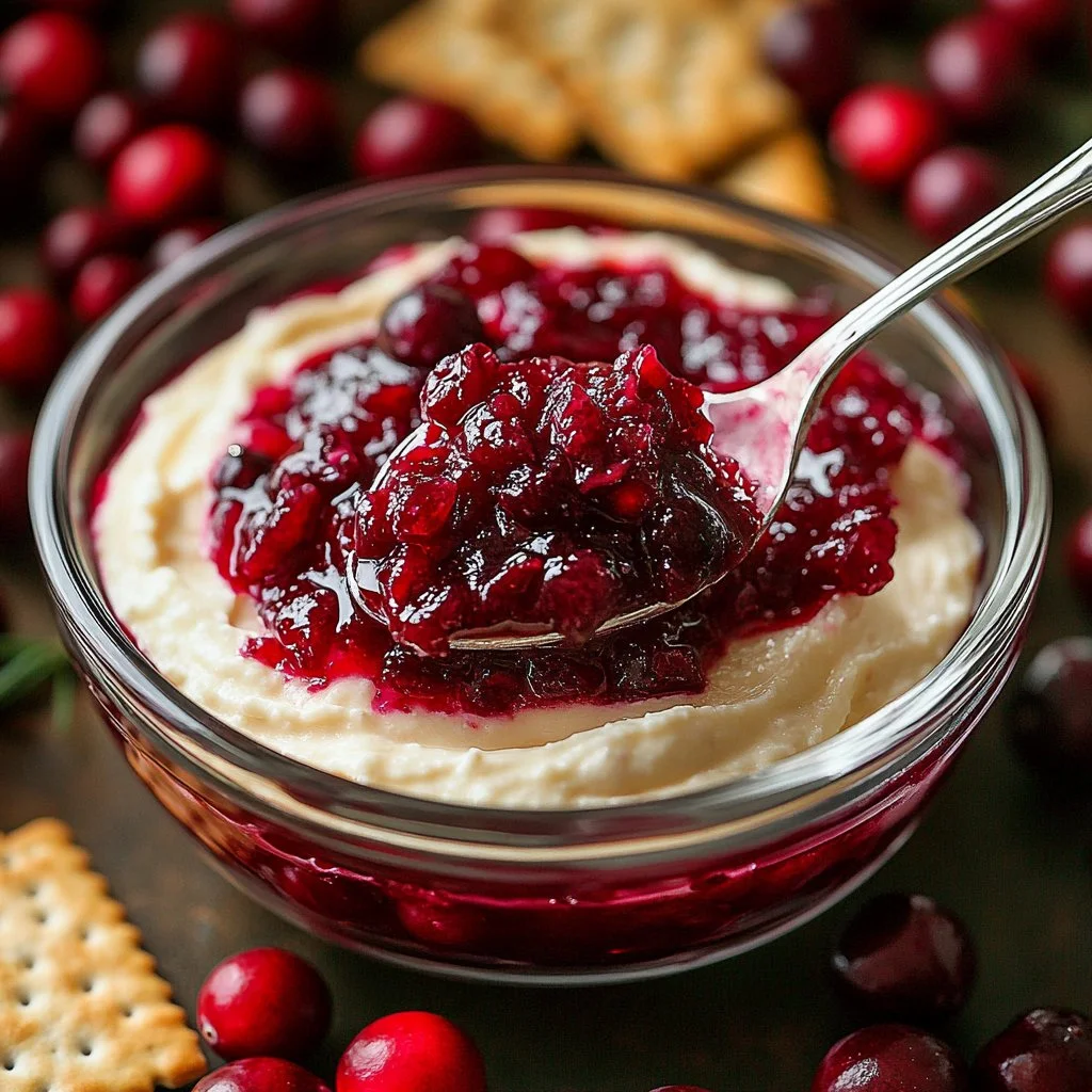 Cranberry Jalapeno Dip served in a bowl with herbs on a wooden table.