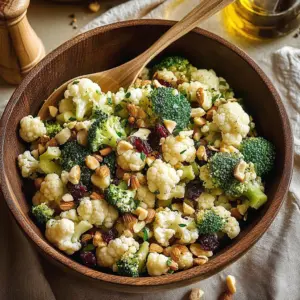 A colorful and fresh cauliflower and broccoli salad topped with dressing