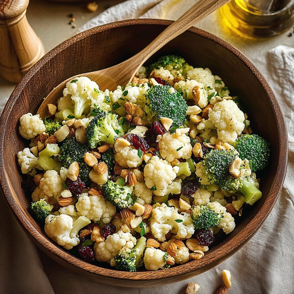 A colorful and fresh cauliflower and broccoli salad topped with dressing