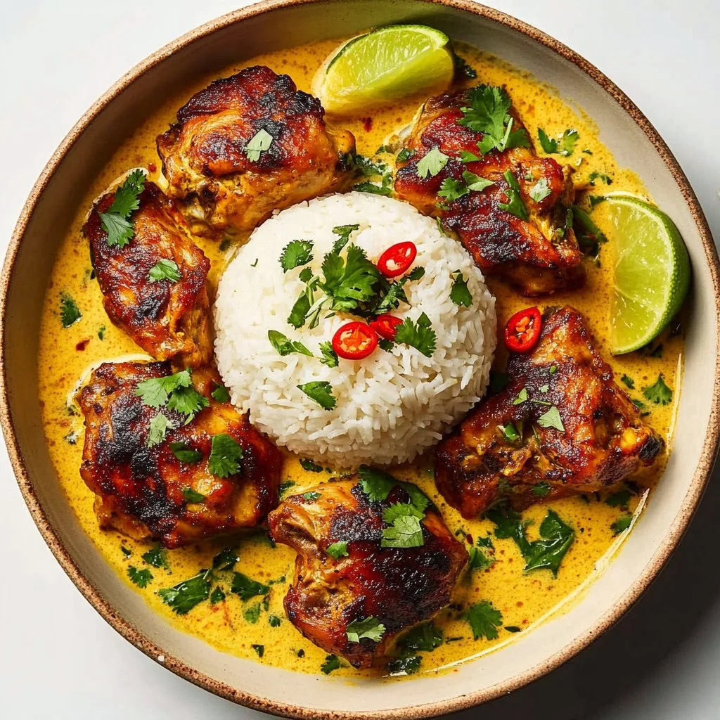 Delicious creamy Brazilian Coconut Chicken served with rice and herbs