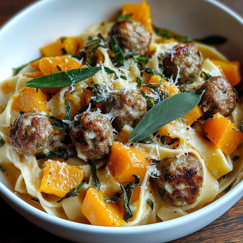 Creamy butternut squash sausage dish garnished with herbs on a plate.