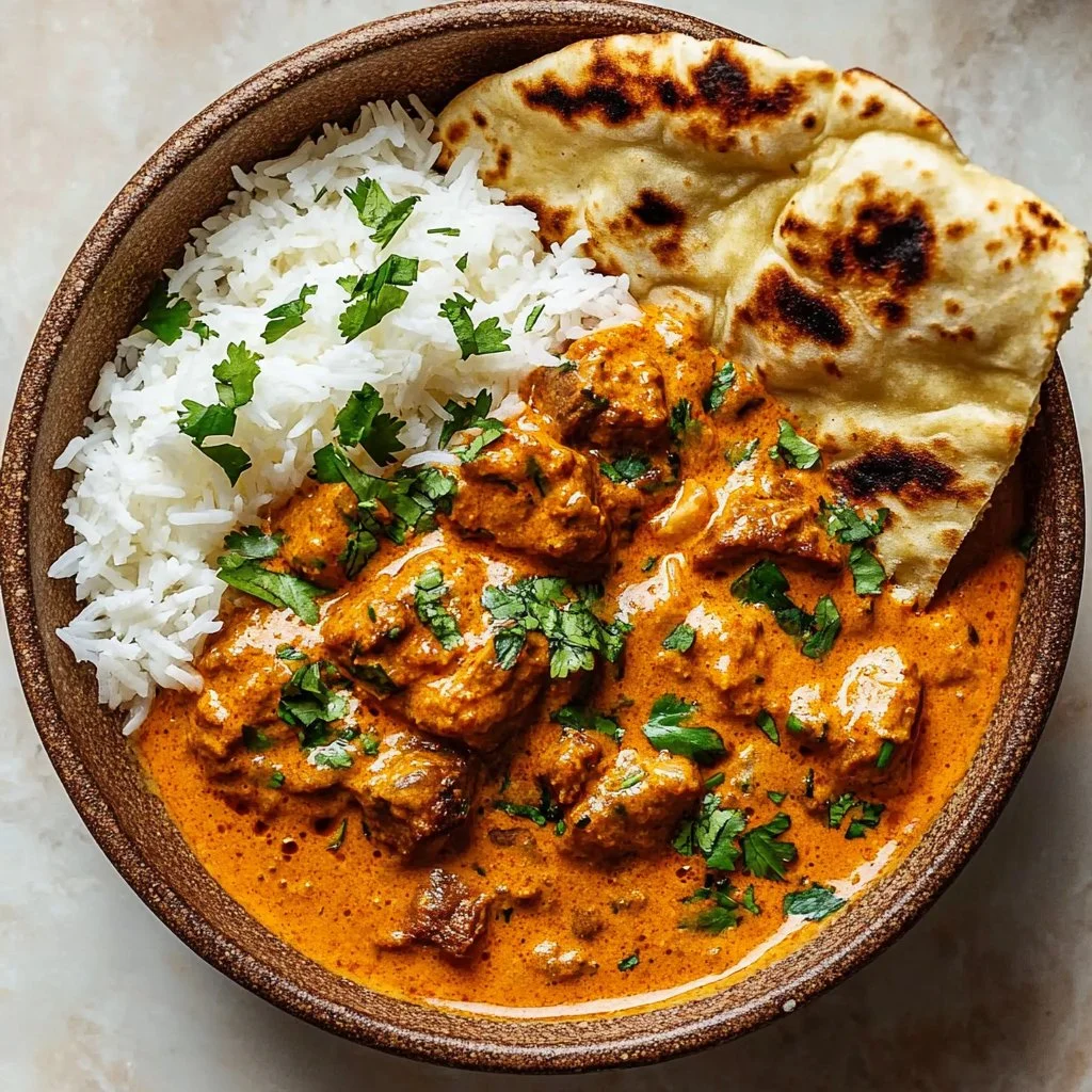 Creamy cardamom lamb curry served in a bowl with aromatic spices.