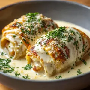 Delicious creamy cheesy chicken pillows served on a plate.