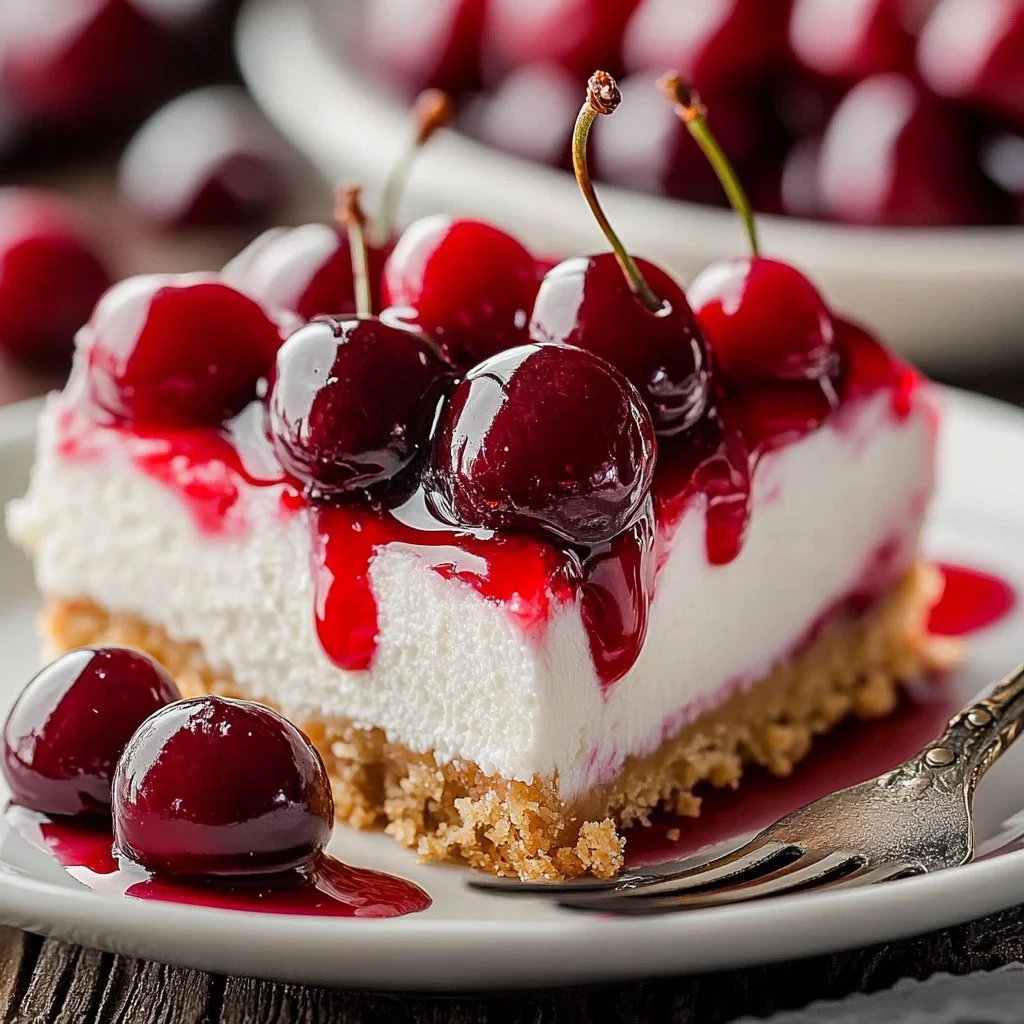 Creamy Cherry Cheesecake Delight with cherries on top and a graham cracker crust