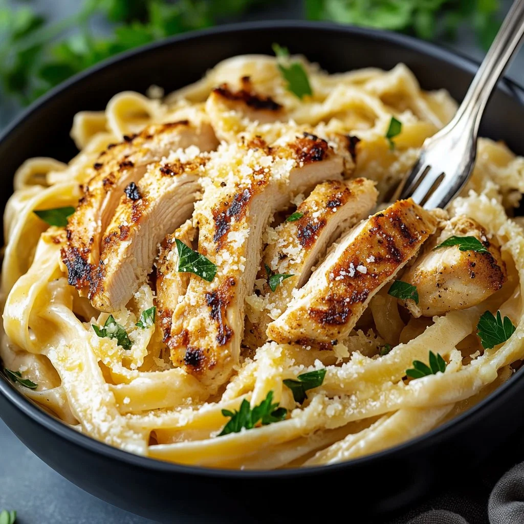 Creamy Chicken Alfredo pasta dish with chicken, sauce, and fettuccine noodles