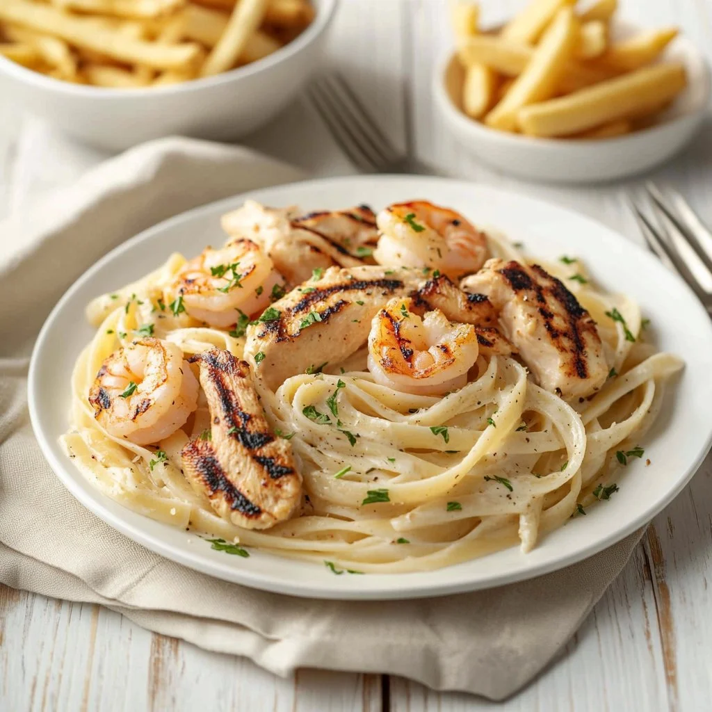 Creamy Chicken and Shrimp Alfredo served in a white bowl with parsley garnish