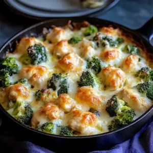 Creamy chicken broccoli bake dish with melted cheese and fresh broccoli