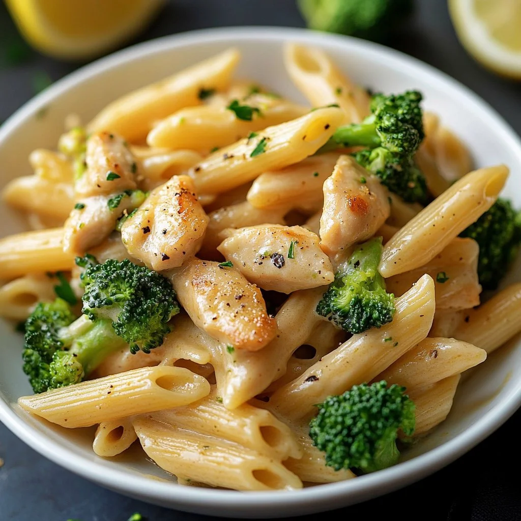 Creamy chicken broccoli pasta dish served in a bowl with fresh herbs