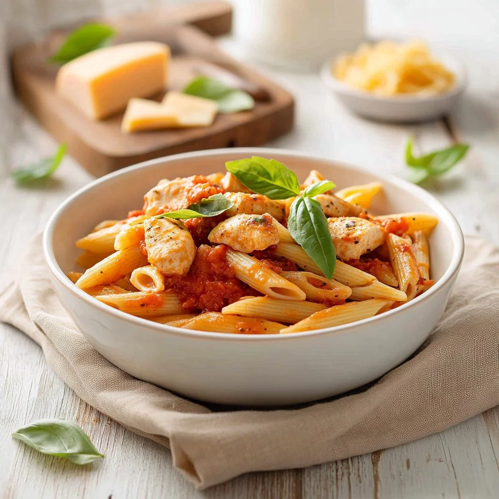 Creamy chicken pasta with sundried tomatoes in a bowl, garnished with herbs.