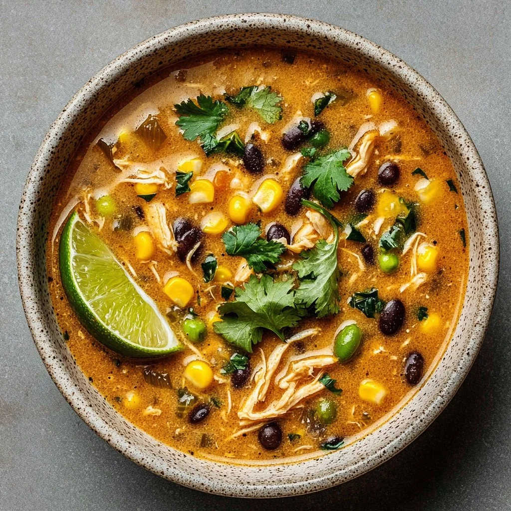 Delicious creamy chicken poblano soup garnished with fresh herbs.