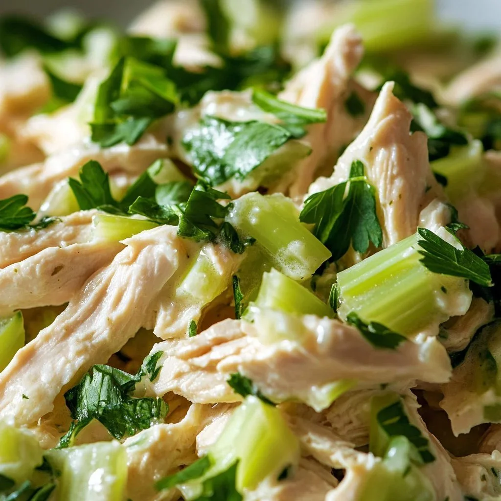 Delicious creamy chicken salad served in a bowl with fresh vegetables.