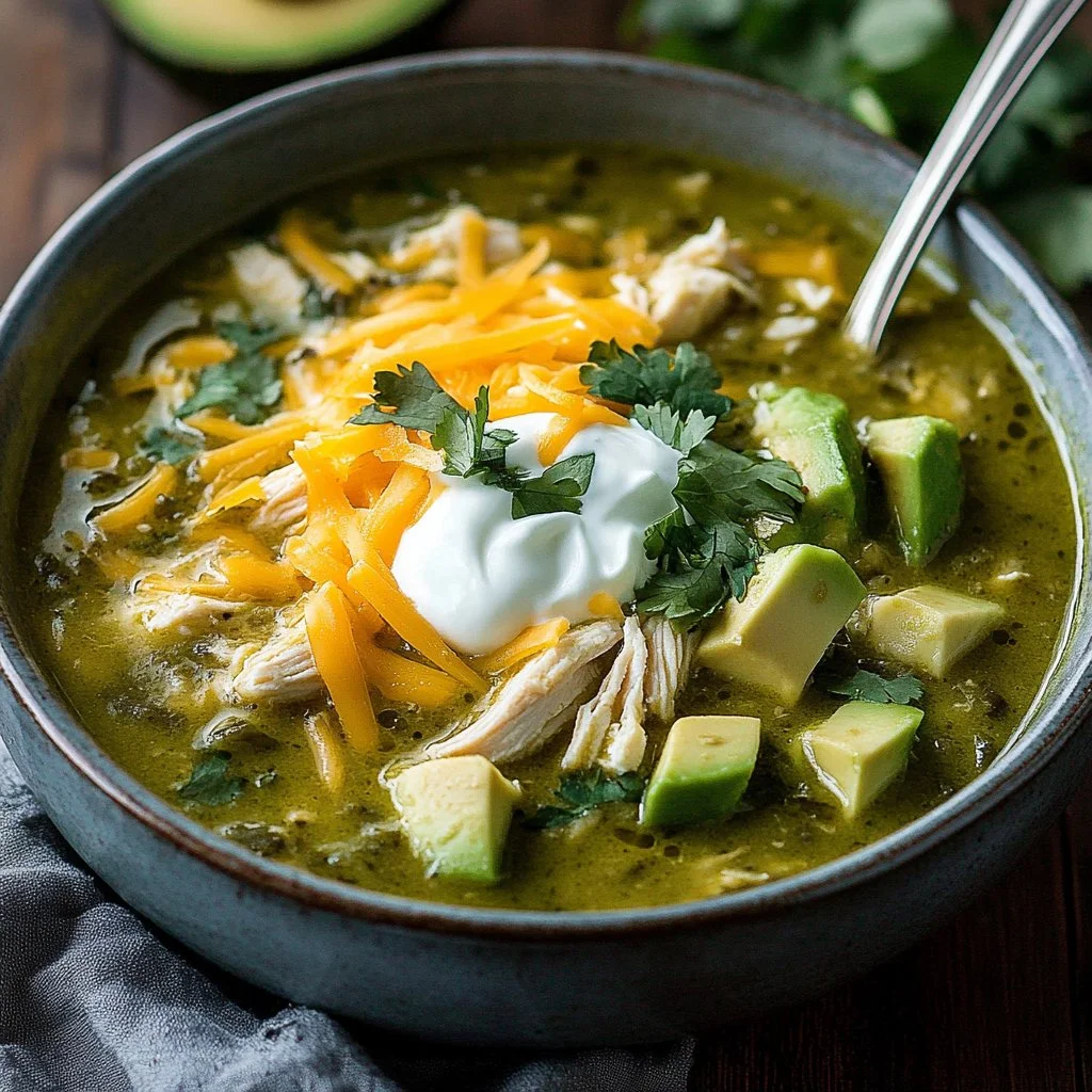 Creamy crock pot green enchilada chicken served in a bowl with garnish