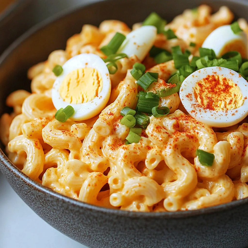 Creamy deviled egg pasta salad with vibrant ingredients in a bowl.