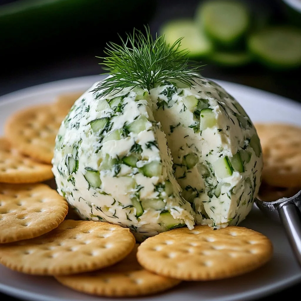 Creamy dill pickle cheese ball served on a platter with crackers