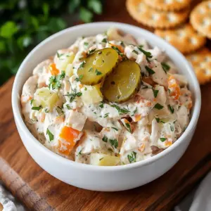 Creamy dill pickle chicken salad served in a bowl with fresh herbs.