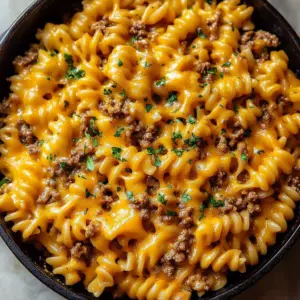 Creamy ground beef pasta skillet in a frying pan topped with herbs