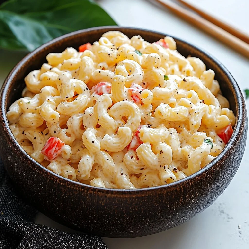 Delicious creamy Hawaiian macaroni salad served in a bowl