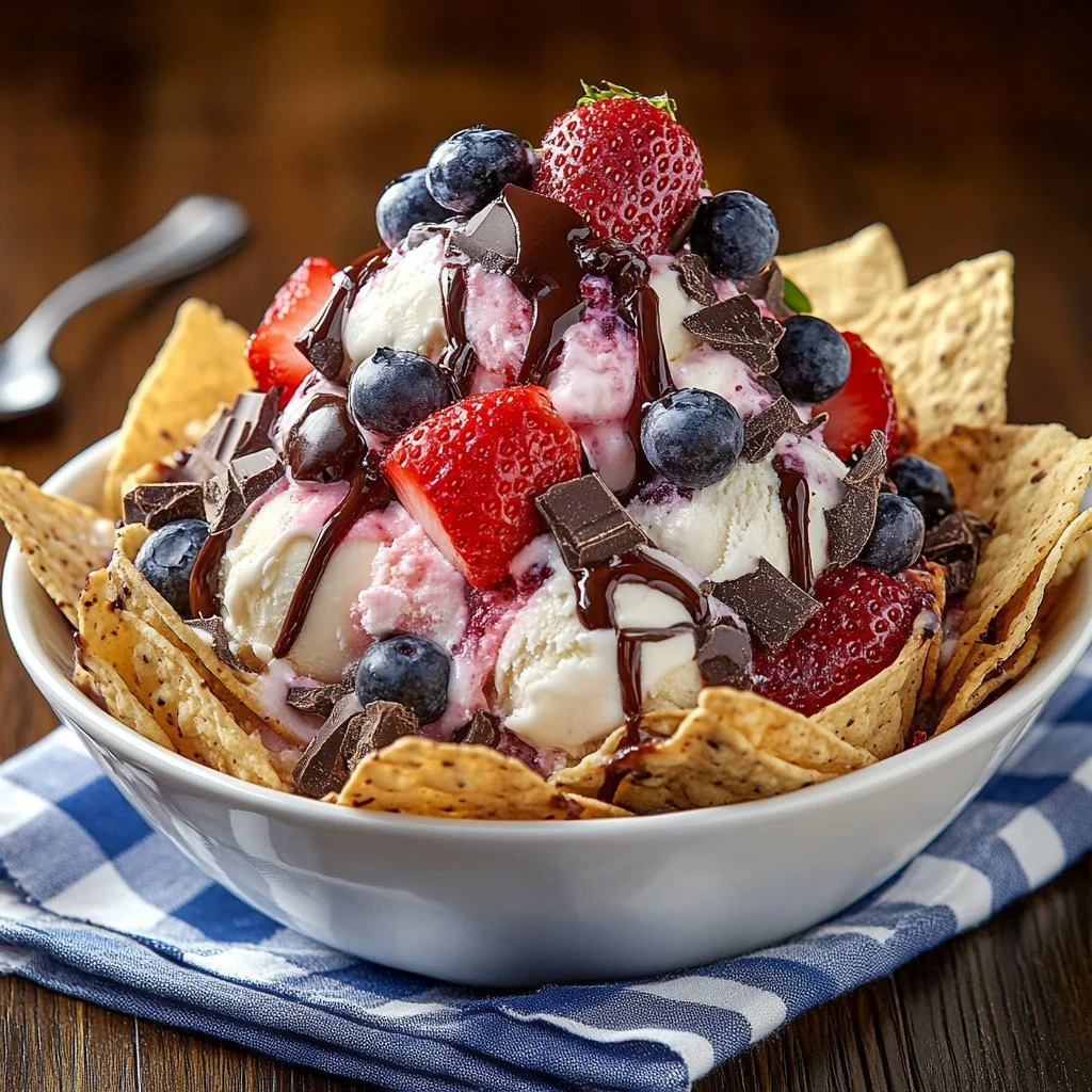 Delicious creamy ice cream nachos with colorful toppings