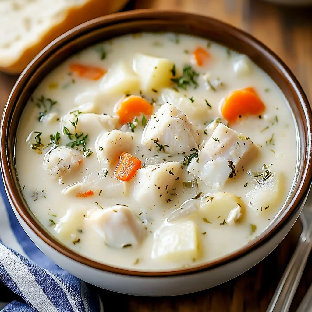 Bowl of creamy seafood chowder garnished with herbs and seafood.