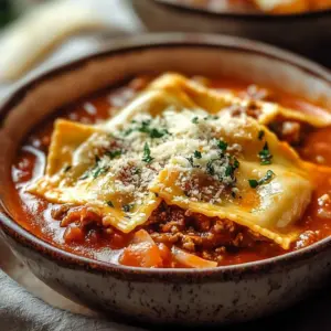 Bowl of creamy lasagna soup topped with cheese and herbs