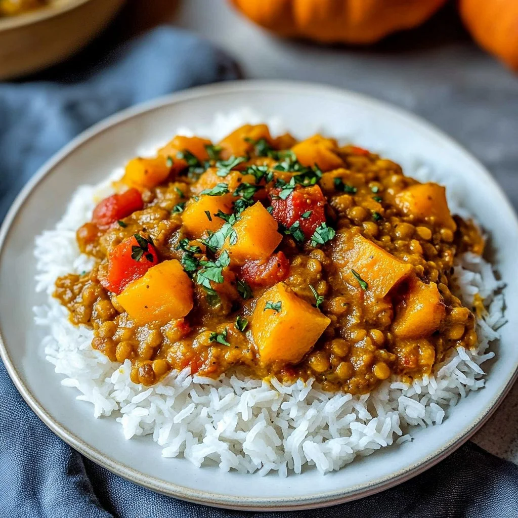 Bowl of creamy lentil pumpkin curry garnished with fresh herbs and spices