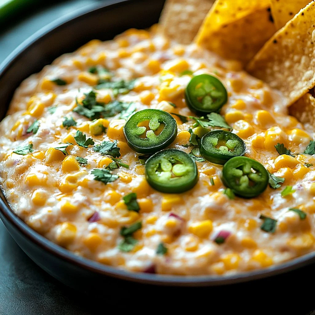 Creamy Mexican corn dip served in a bowl with tortilla chips on the side