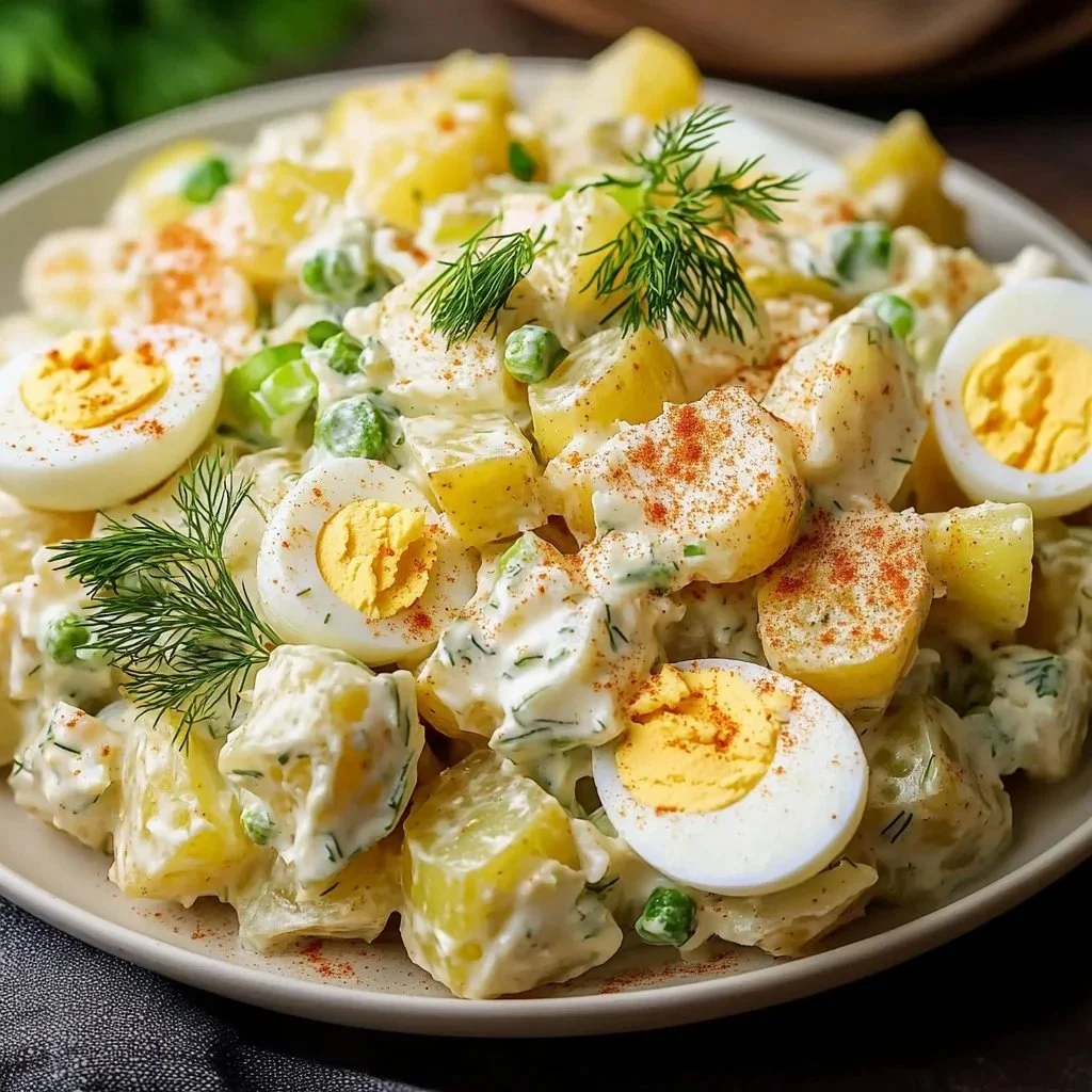 Creamy mustard potato salad served in a bowl, garnished with fresh herbs.