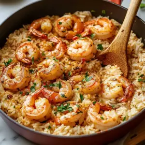 Creamy Parmesan shrimp served over tomato rice in a bowl