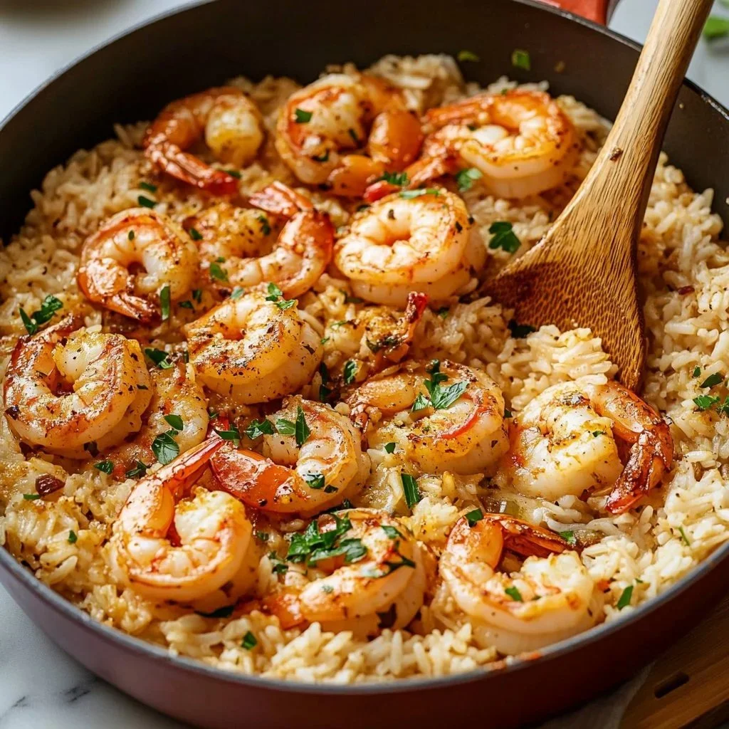 Creamy Parmesan shrimp served over tomato rice in a bowl