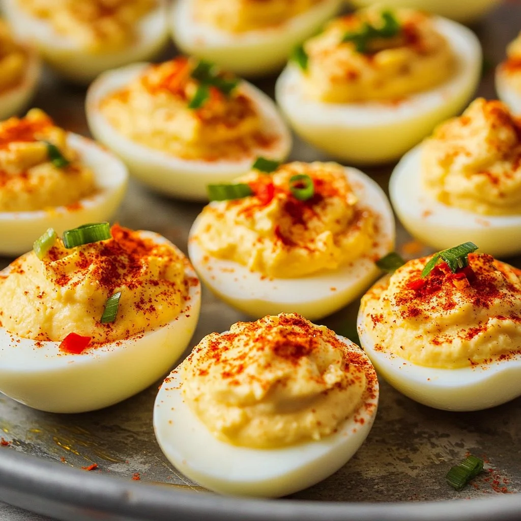 Creamy pimento cheese deviled eggs on a platter, garnished ready for serving.