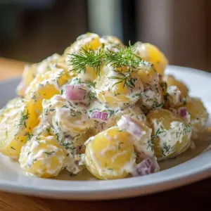 Delicious creamy potato salad in a bowl with fresh ingredients