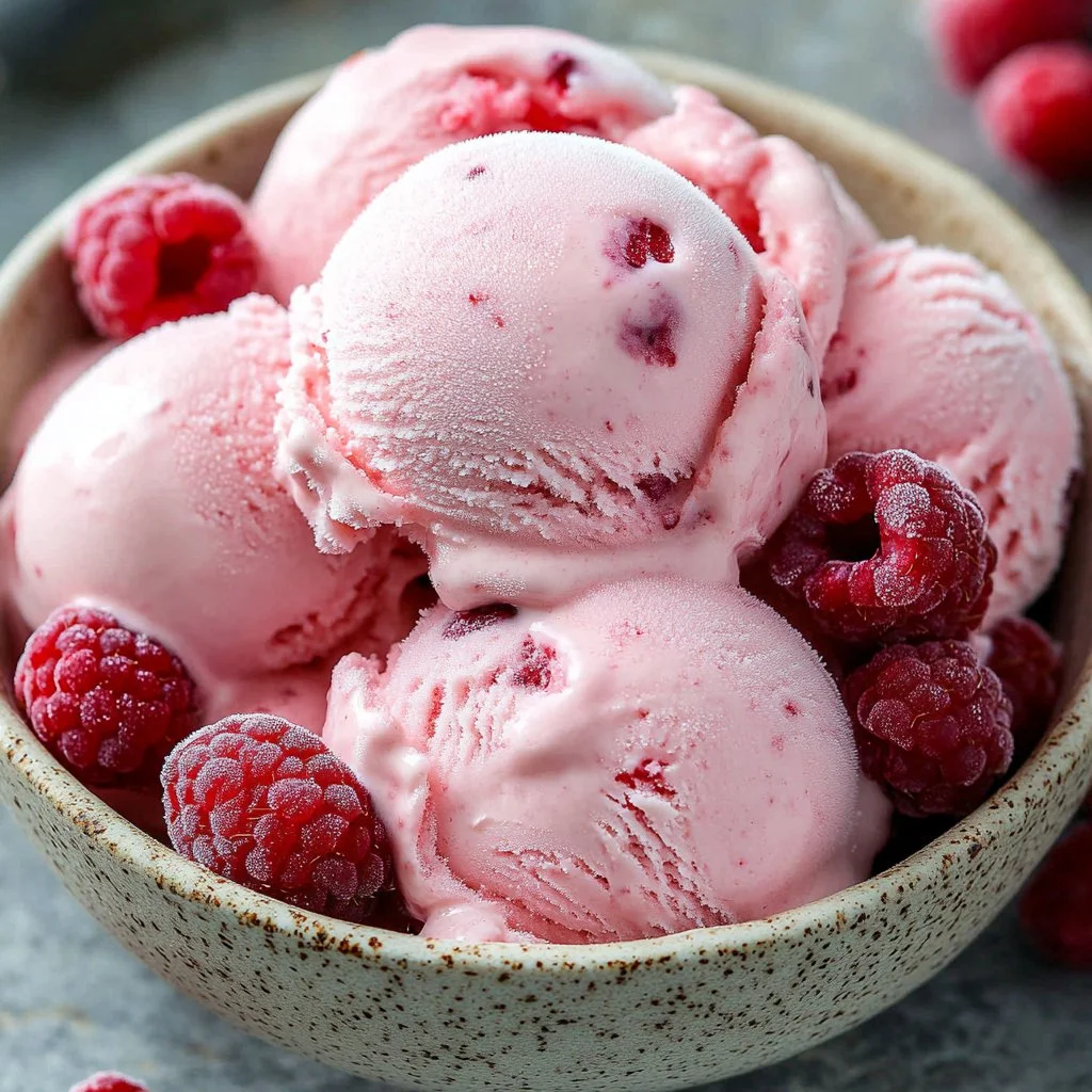 Creamy raspberry coconut ice cream in a bowl garnished with fresh raspberries
