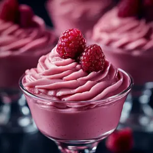 Delicious creamy raspberry mousse dessert with fresh raspberries on top
