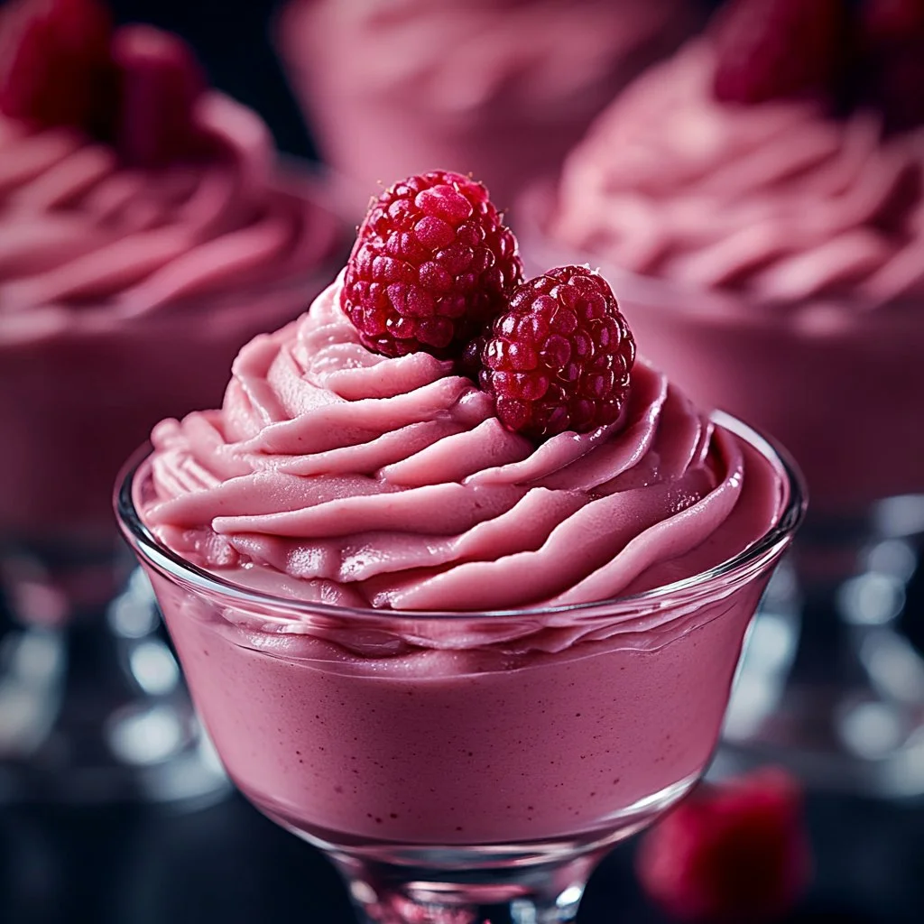 Delicious creamy raspberry mousse dessert with fresh raspberries on top