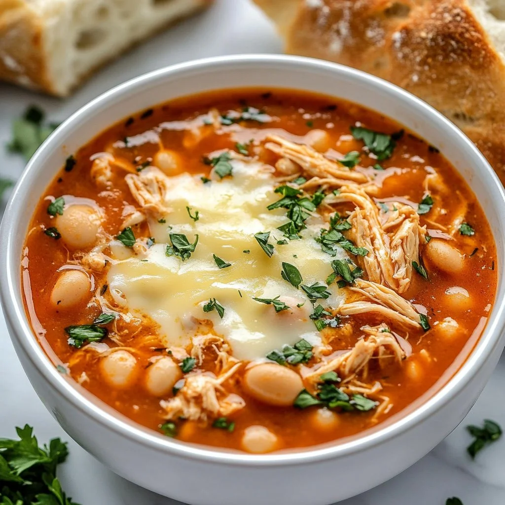 Creamy slow cooker chicken parmesan soup with cheese and herbs