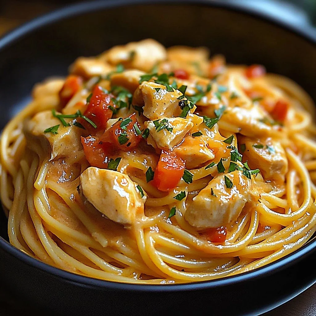 Creamy slow cooker chicken spaghetti topped with herbs in a white dish