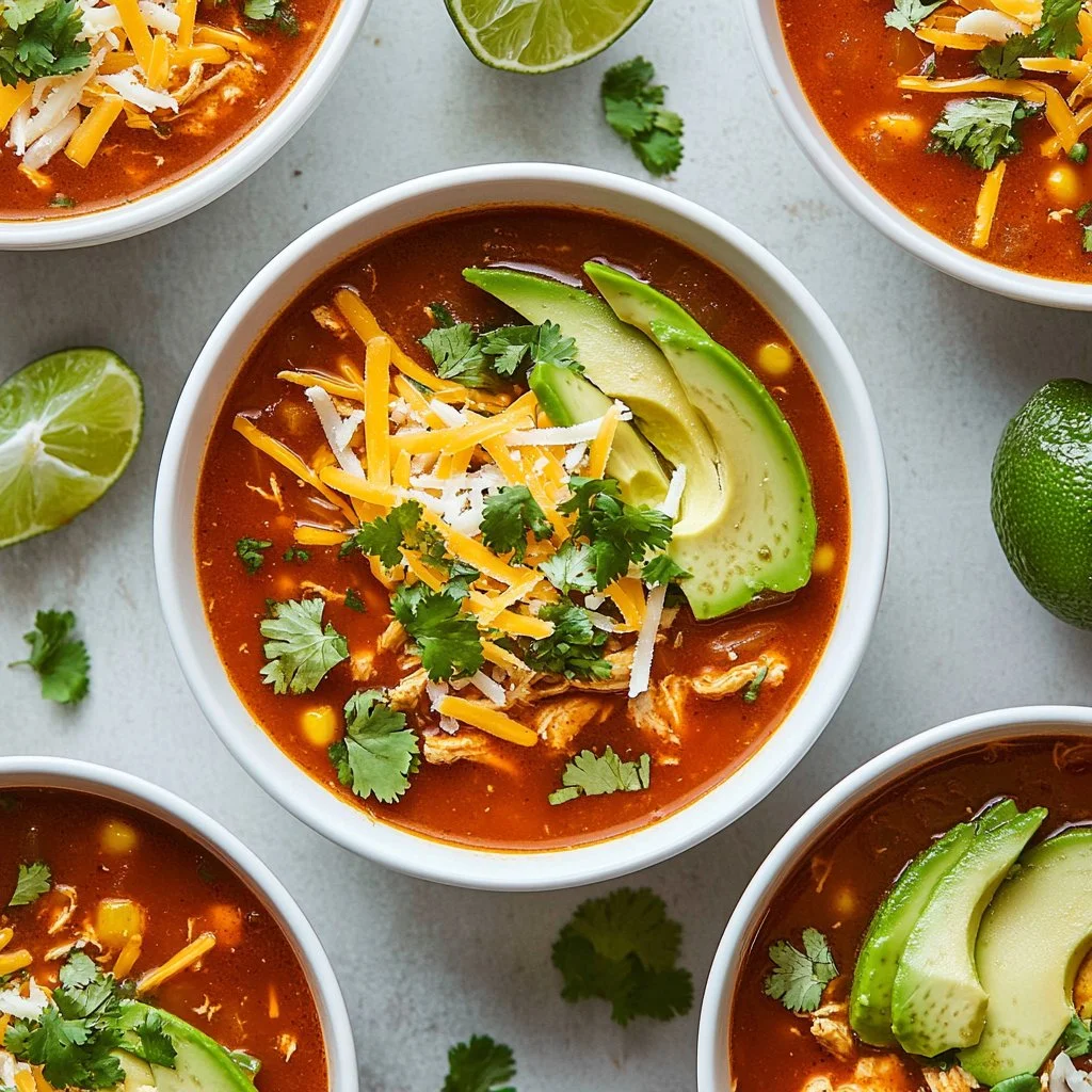 Creamy slow cooker chicken tortilla soup in a bowl garnished with avocado and cilantro.