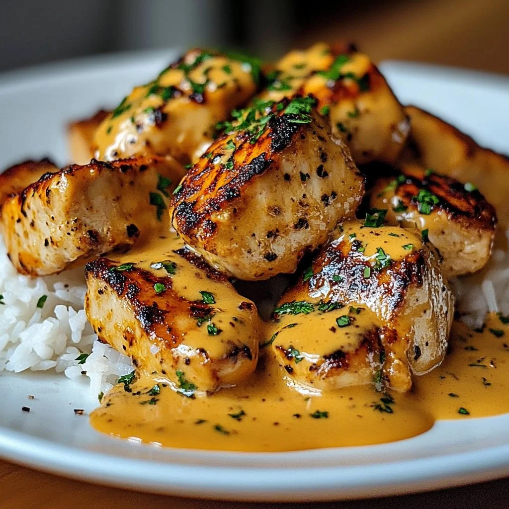 Creamy smothered chicken served over rice in a bowl, garnished with herbs.